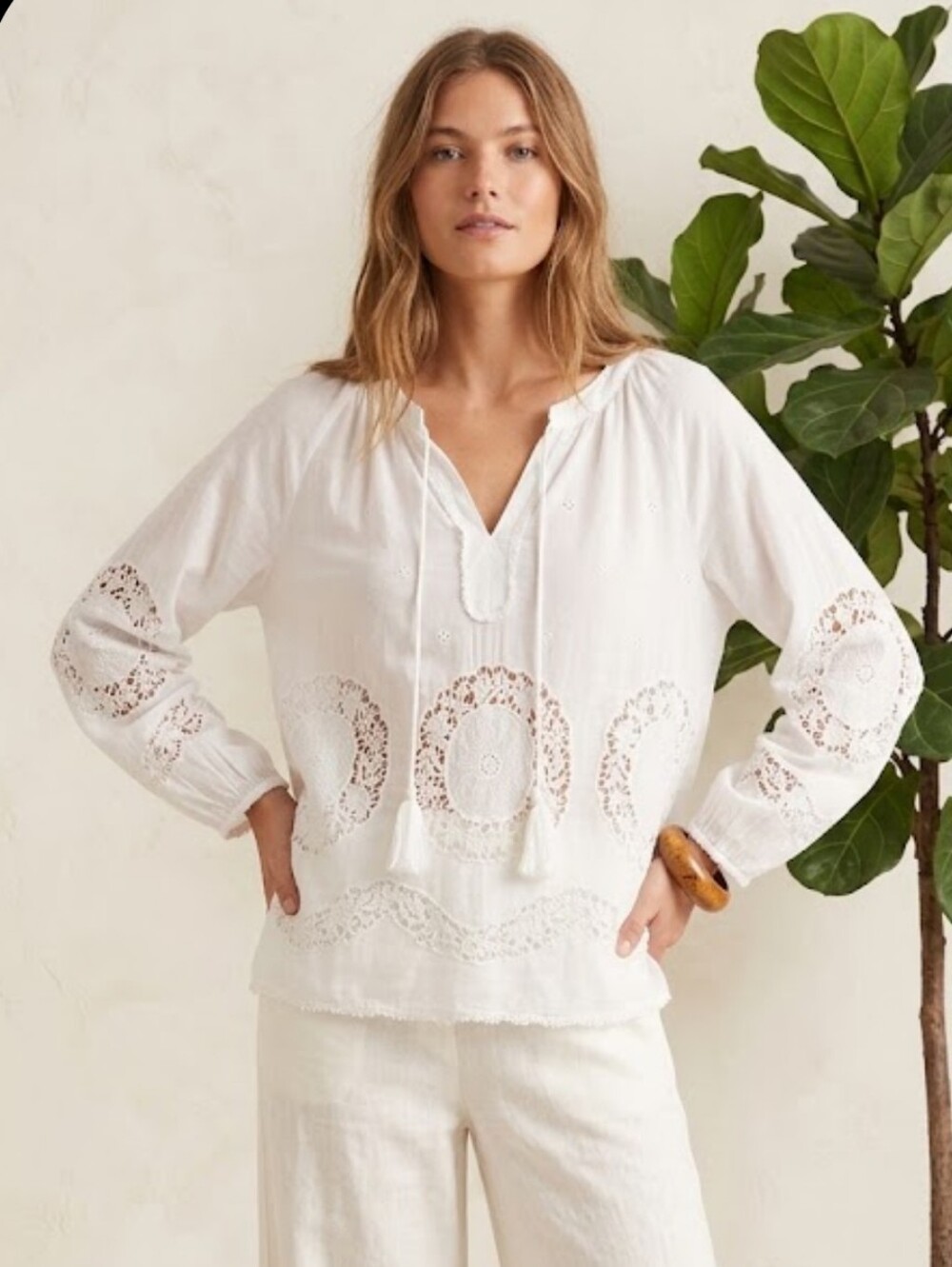 Sundance Boho Peasant Blouse White 100% Cotton Large